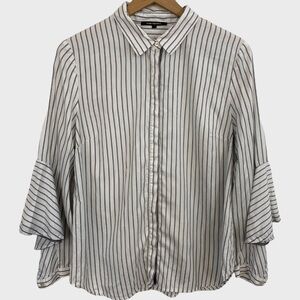 Kobi Halperin White Black Pinstripe Asymmetrical Funky Sleeve Button Down Shirt